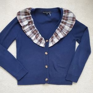 English Factory Navy and Plaid Ruffle Cardigan Button Front Sweater szXS